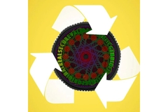 Recycling symbol over tire design on yellow background